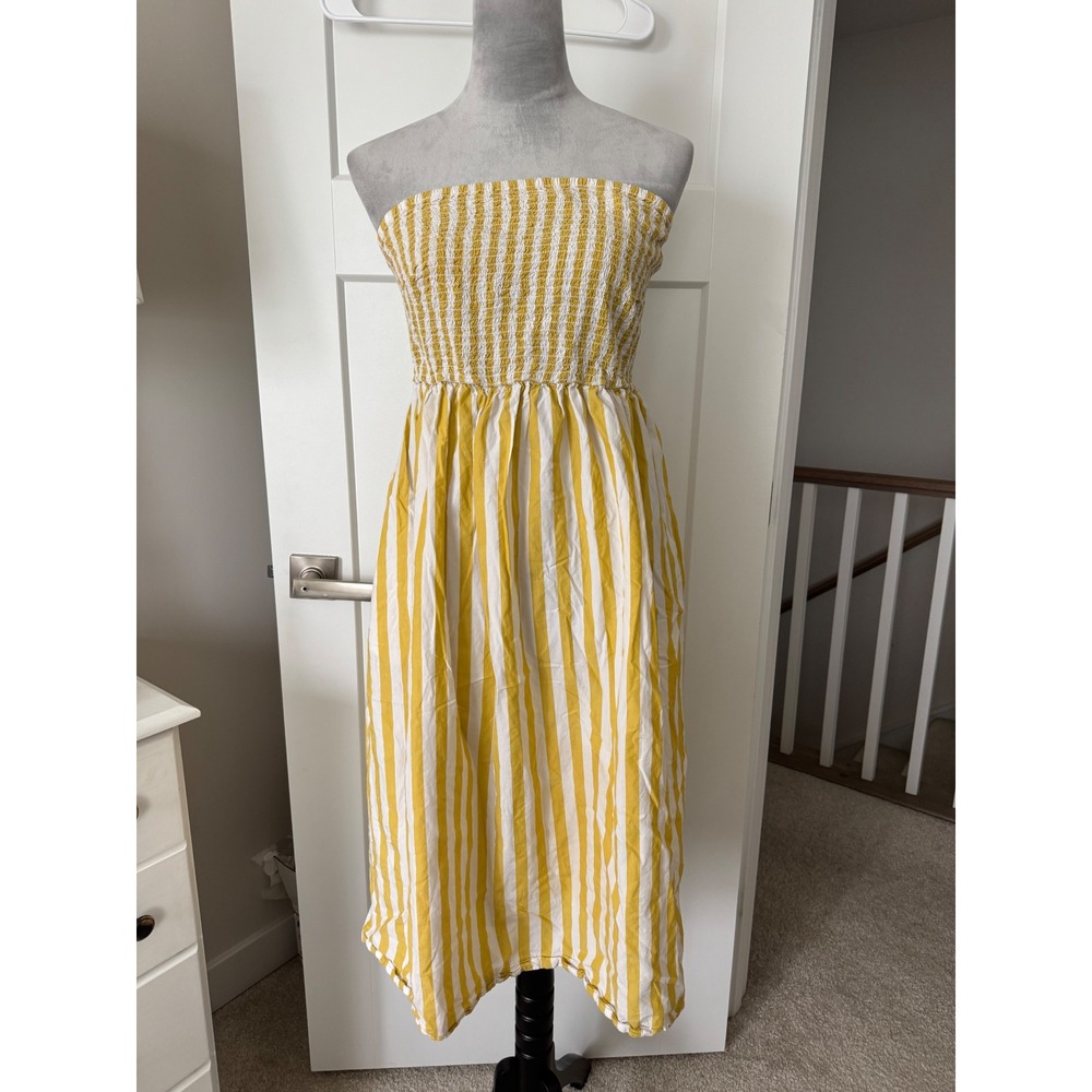 A New Day Yellow White Striped Smocked Strapless Handkerchief Midi Dress 2X